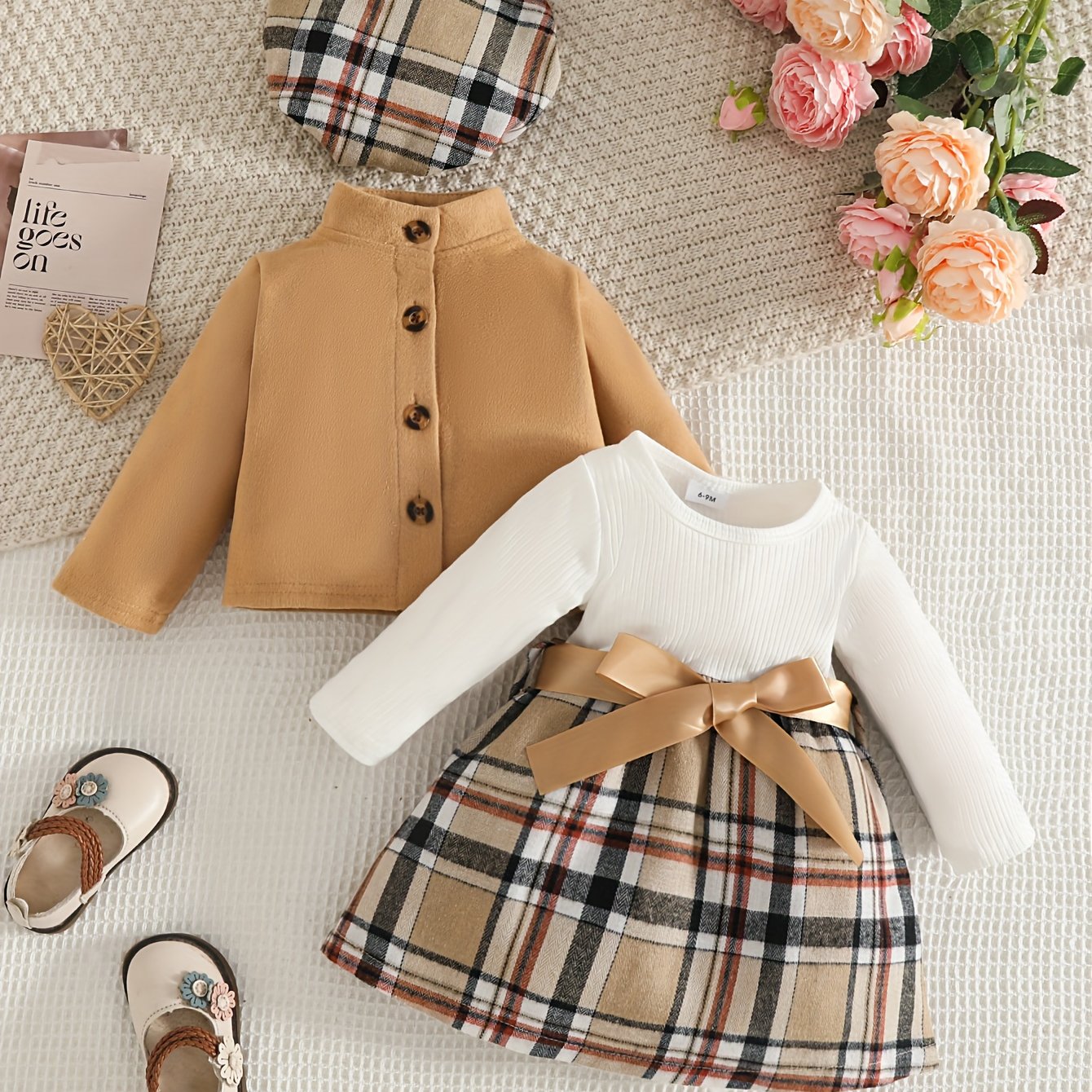 Baby Two-Piece Outfit Short Jacket & Long-Sleeve Plaid Dress with Beret