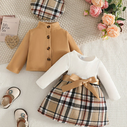 Baby Two-Piece Outfit Short Jacket & Long-Sleeve Plaid Dress with Beret