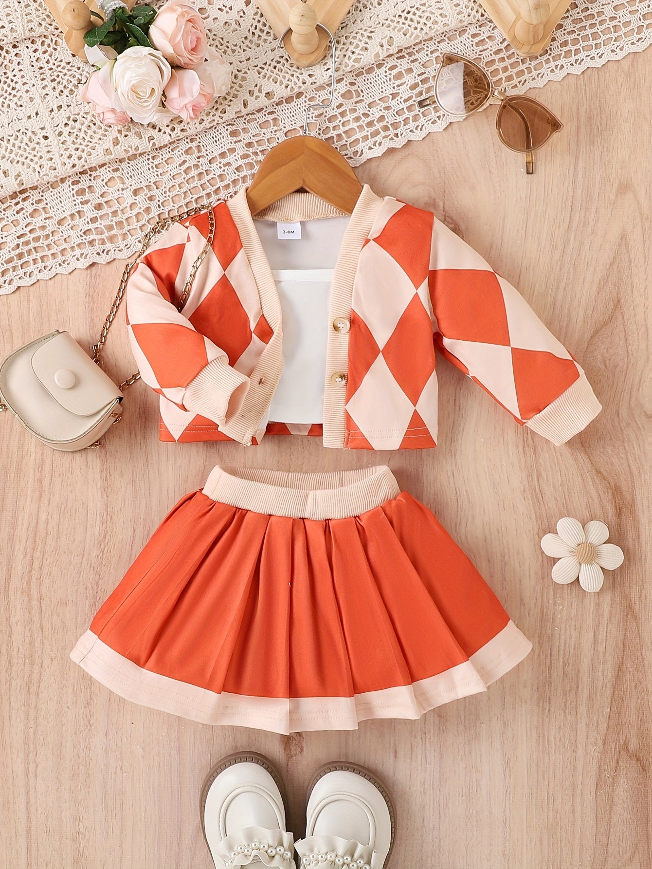 Baby Girl Diamond Pattern College-Style Jacket & Pleated Skirt Two-Piece Set